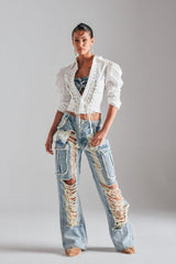 ALMA DISTRESSED DENIM CARGO PANTS