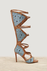 AKIRA GOLD LULANA DENIM METAL STUDDED GLADIATOR STILETTO SANDAL