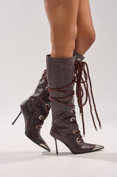 AKIRA GOLD PANTOUM CHOCOLATE CROC STILETTO BOOT